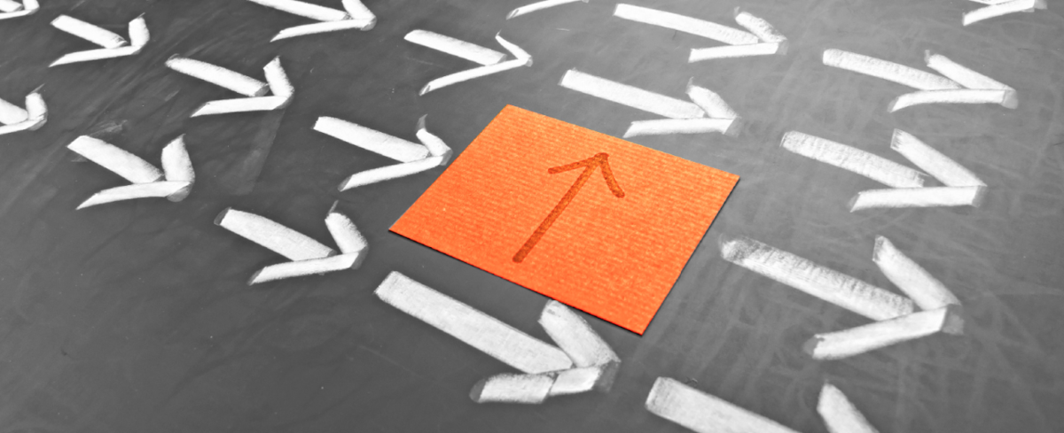 All arrows going the same way while another is in a different direction - this represents change management in leadership practice.